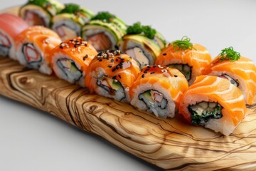 Wall Mural - Assorted Sushi Rolls on Wooden Platter