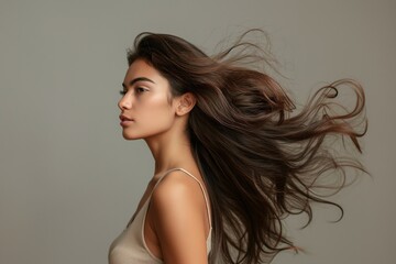 Elegant Brazilian woman, her hair dynamically caught in the wind