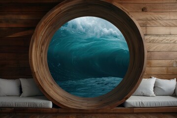 Wall Mural - Dramatic ocean waves seen through a round wooden window frame