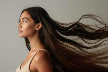 Canvas Print - Graceful Brazilian woman with dynamic, wind-blown brunette hair