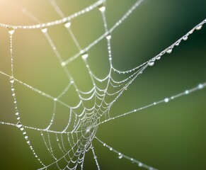 Close-up of a spider web covered in dew droplets, set against a soft green background, highlighting the delicate and intricate beauty of nature.. AI Generation