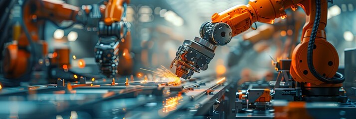 Canvas Print - This panoramic banner depicts a robotic welding arm in action, showcasing high-tech manufacturing