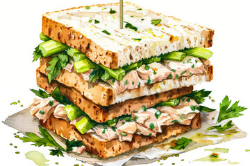 Wall Mural - Tuna salad sandwich with flaky tuna, crisp celery, and creamy mayonnaise, simple watercolor illustration isolated on a white background 