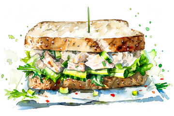 Sticker - Tuna salad sandwich with flaky tuna, crisp celery, and creamy mayonnaise, simple watercolor illustration isolated on a white background 