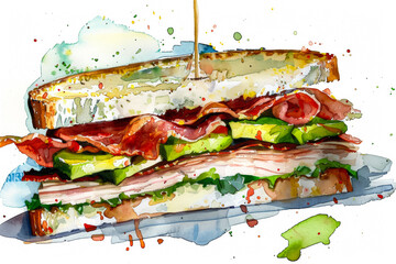Wall Mural - Turkey club sandwich with layers of roasted turkey, crisp bacon, and avocado, simple watercolor illustration isolated on a white background 