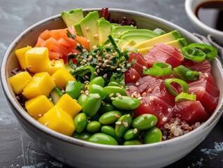 Wall Mural - Colorful and healthy poke bowl with fresh vegetables and tuna