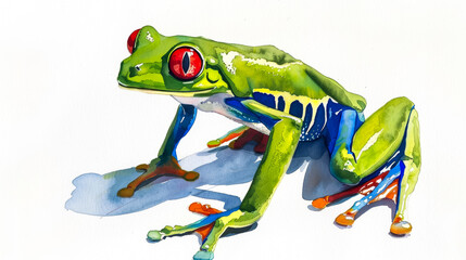 A vibrant red-eyed tree frog with striking green and blue limbs, simple watercolor illustration isolated on a white background 
