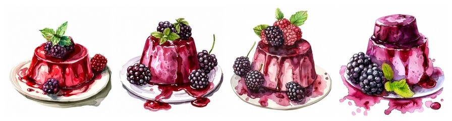 Sticker - Watercolor painting of raspberry, blackcurrant and blackberry panna cotta, appealing desserts, ideal for summer celebrations, food blogs, or Italian cuisine features