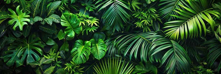  closeup nature view of green leaf and palms background. Flat lay, dark nature concept, tropical leaf