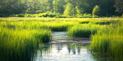 A serene stream winds through a vibrant meadow with lush green grass, symbolizing peace and rejuvenation