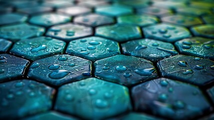 Wall Mural - A close-up view of tiled octagonal patterns, showcasing gradient shades of blue and green that merge to form a calming water-like effect. The background is a seamless flow of colors