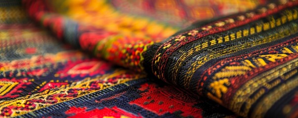 Close-up of a colorful traditional fabric pattern from a specific culture