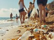 © EC Tech  - Close-up of a group of tourists participating in a beach cleanup