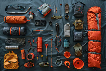 Outdoor adventure preparations: camping and hiking equipment arranged on a blue tarp