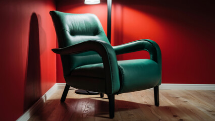 Sticker - A green chair sitting in a room with red walls and floor, AI