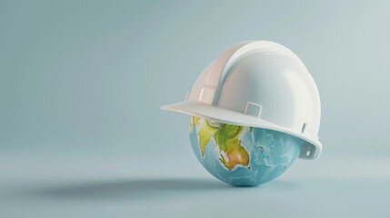 earth wearing a safety helmet, symbolizing global workplace safety for world day of safety and healt