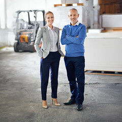 Aufkleber - Business people, man and woman in portrait at factory, confident or pride for startup project. Collaboration, creative career or designers in warehouse for printing material or distribution industry