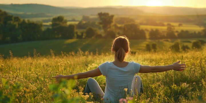 A woman with outstretched arms embraces the warm golden hour light in a scenic meadow landscape