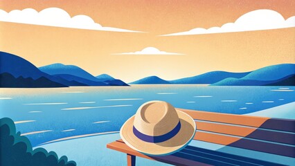 Poster - Peaceful Lakeside Deck with a Hat