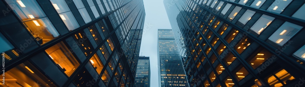 Modern high-rise office buildings with glass facades, city skyline ...