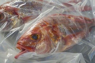 two fish sitting on plastic bags, possibly in a polluted environment