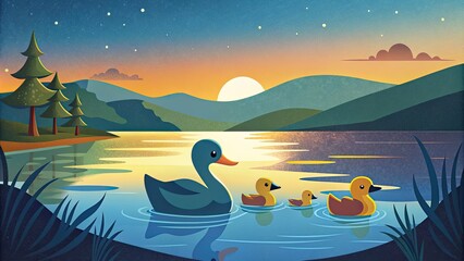 Canvas Print - Family of Ducks Swimming at Sunset