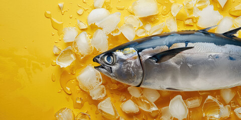 Wall Mural - A fresh fish on ice against a bright yellow background.