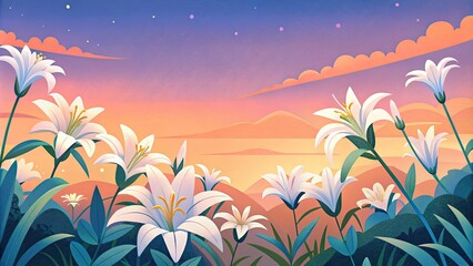 Poster - Field of White Flowers at Sunrise