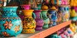 © Armin - An assortment of brightly colored, hand-painted pottery on shelves, showcasing traditional craft and cultural heritage