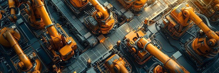 Wall Mural - This panoramic banner captures the top-down view of orange industrial machinery in a complex setting, highlighting the scale of automation