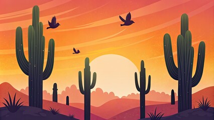 Sticker - Sunset Over a Desert with Cacti Silhouettes