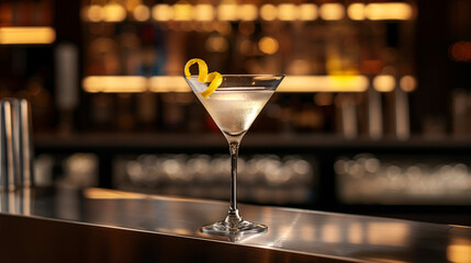 A sophisticated martini glass with a lemon twist garnish, placed on a sleek bar counter with elegant lighting