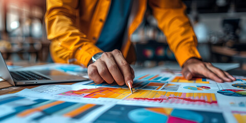 Person analyzing colorful data charts on desk