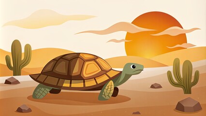 Canvas Print - Turtle Walking Through a Desert at Sunset