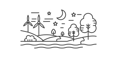 Night natural landscape, wind turbines on hills, moon and stars in sky, line icon vector illustration