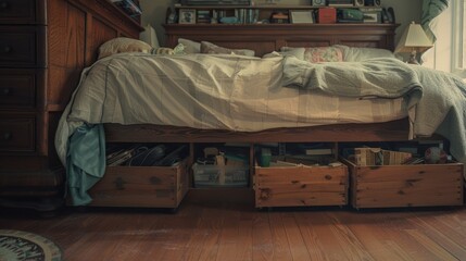 Wall Mural - A bed with built-in drawers in a cozy room