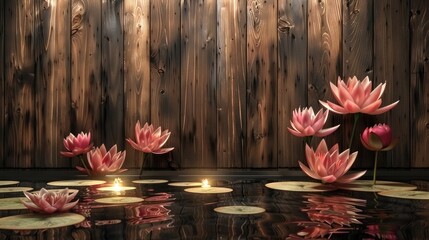 Wall Mural - Vibrant lotus in water with wooden backdrop spa and dining concept Fuzzy lilies with artificial light and empty area Eastern eatery theme