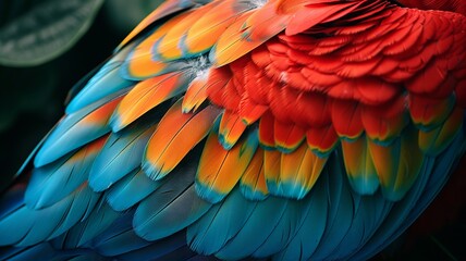 Close-Up of Vibrant Multicolored Tropical Parrot Feathers
