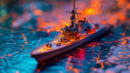 Miniature Warship on Colorful Military Map with Vibrant Lighting