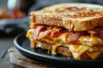 Wall Mural - A grilled cheese and bacon sandwich served on a black plate with a golden brown crust