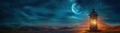 © BoOm - A glowing lantern in a mystical desert under a starry sky with a visible moon, evoking a serene and magical night-time atmosphere.