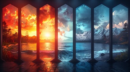 Octagonal frames showcasing diverse nature scenes, including tropical beaches, dense jungles, snowy landscapes, and desert dunes, blending into one another. The transitions are smooth.