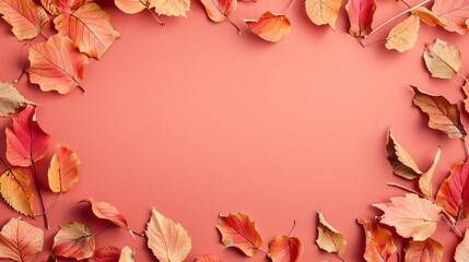 Wall Mural - Frame of autumn leaves on pink background