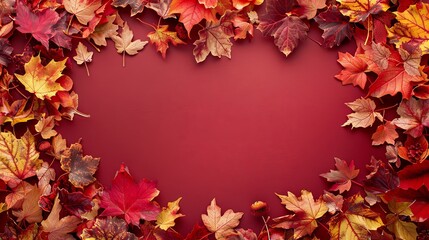 Wall Mural - Frame of autumn leaves on a red background