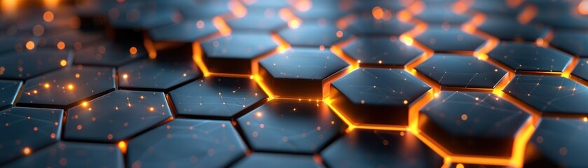 Futuristic hexagonal grid with glowing orange edges, representing advanced technology and connectivity in a digital network.