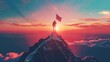 © BoOm - Man standing atop a mountain peak holding a flag at sunrise, symbolizing achievement, success, and the thrill of adventure.