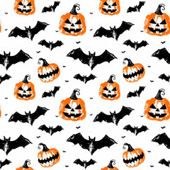 Wall Mural - Seamless pattern with halloween orange pumkins and black bats isolated on white background.