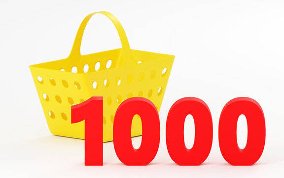 Luxury sign 1000 with empty basket online internet media blog followers 3D render illustration