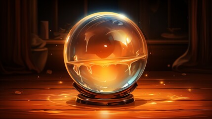 A glowing crystal ball reflecting light on a wooden table, surrounded by a dark and mystical background.