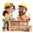 © Ai7 - Animated characters working together on a woodworking project at a workshop table, wearing hard hats and glasses.